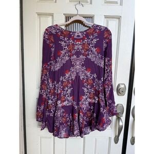 Free People Purple Floral Strappy Back Long Sleeve Tunic Top Size Small